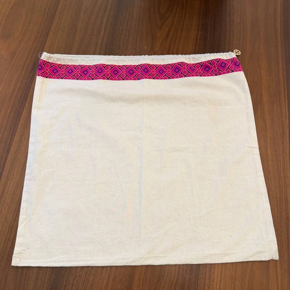 Tory Burch Cream Cotton‎ Canvas Dust Bag Pink Purple Trim Gold Logo Medallion